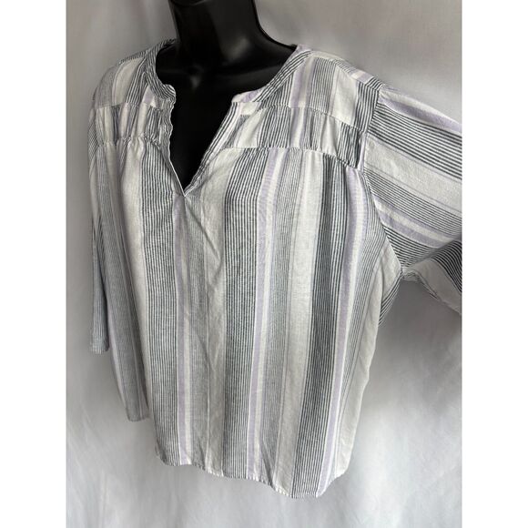 Splendid Striped Linen Blend Popover Top XXL 2XL Lagenlook Coastal White Grey - Picture 5 of 9